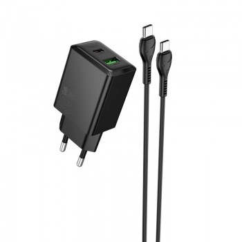 Lādētājs Hoco N71 30W GaN USB-C/USB-A + USB-C to USB-C cable 1.0m melns