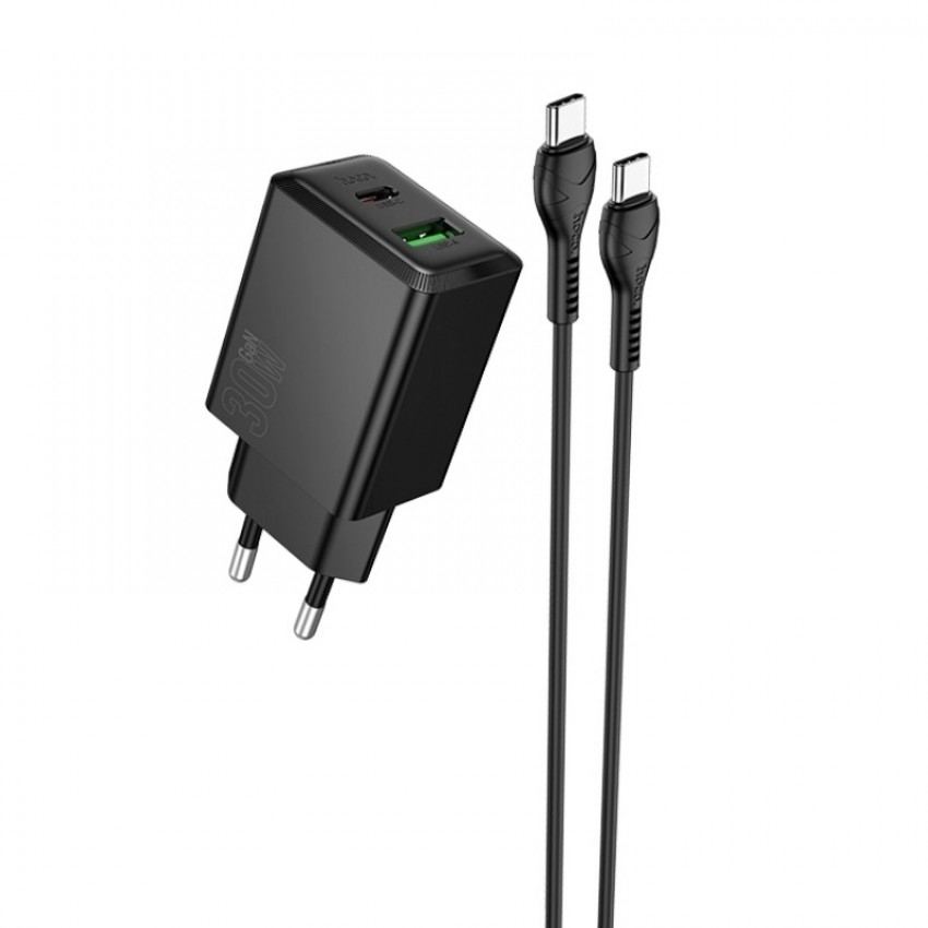Lādētājs Hoco N71 30W GaN USB-C/USB-A + USB-C to USB-C cable 1.0m melns