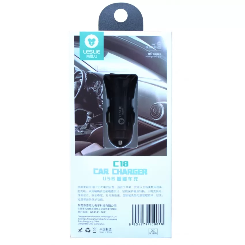 Auto lādētājs Leslie C18 ar 2 USB savienotājiem 2.4A (1A+2A) melns