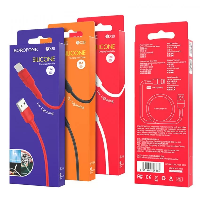 USB kabelis Borofone BX30 Lightning 1.0m silikons balts