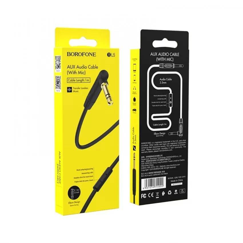 Audio parveidotājs 3,5mm uz 3,5mm Borofone BL5 AUX ar mikrofonu melns