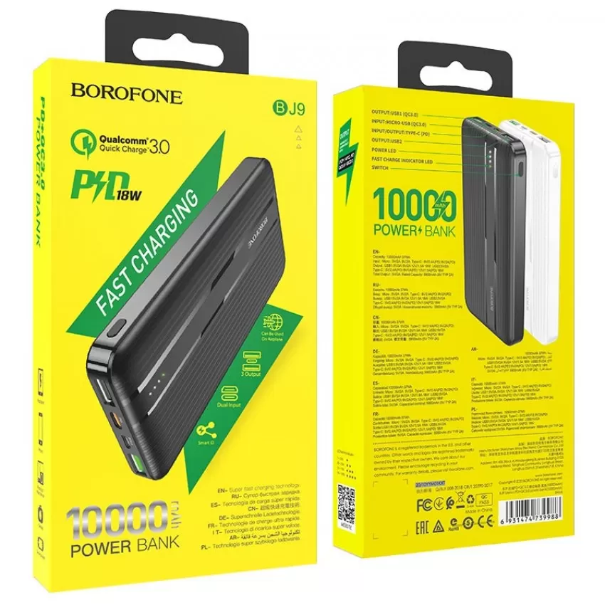 Arejais-akumulators Power Bank Borofone BJ9 Type-C PD+Quick Charge 3.0 (3A) 10000mAh melna