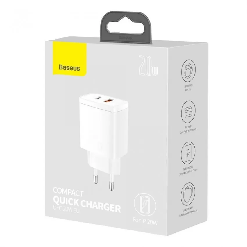 Lādētājs Baseus Compact Quick Charger 20W USB-C/USB-A balts CCXJ-B02