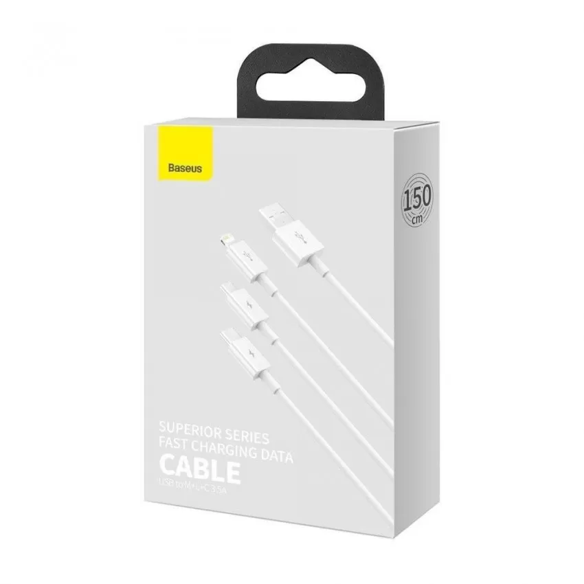 Kabelis Baseus Superior no USB uz microUSB+Lightning+Type-C 3.5A 1.5m balts CAMLTYS-02