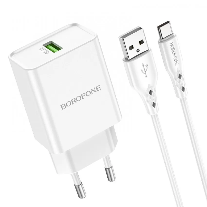 Lādētājs Borofone BN5 18W USB-A + USB-A to USB-C cable 1.0m balts