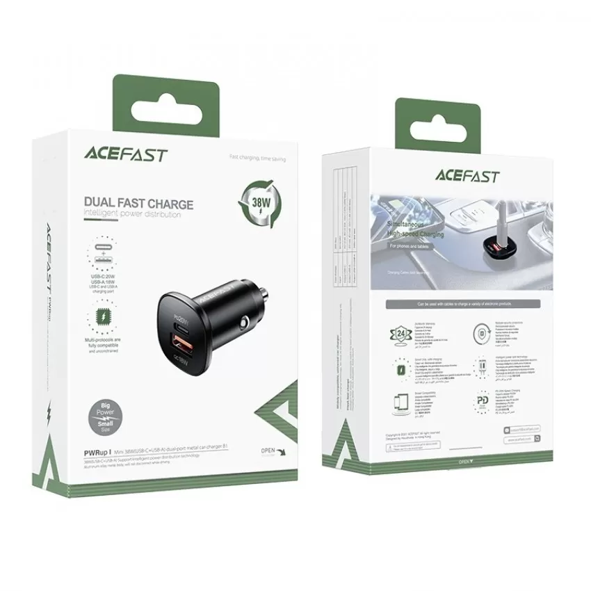 Auto lādētājs Acefast B1 Mini 38W USB-C+USB-A melns