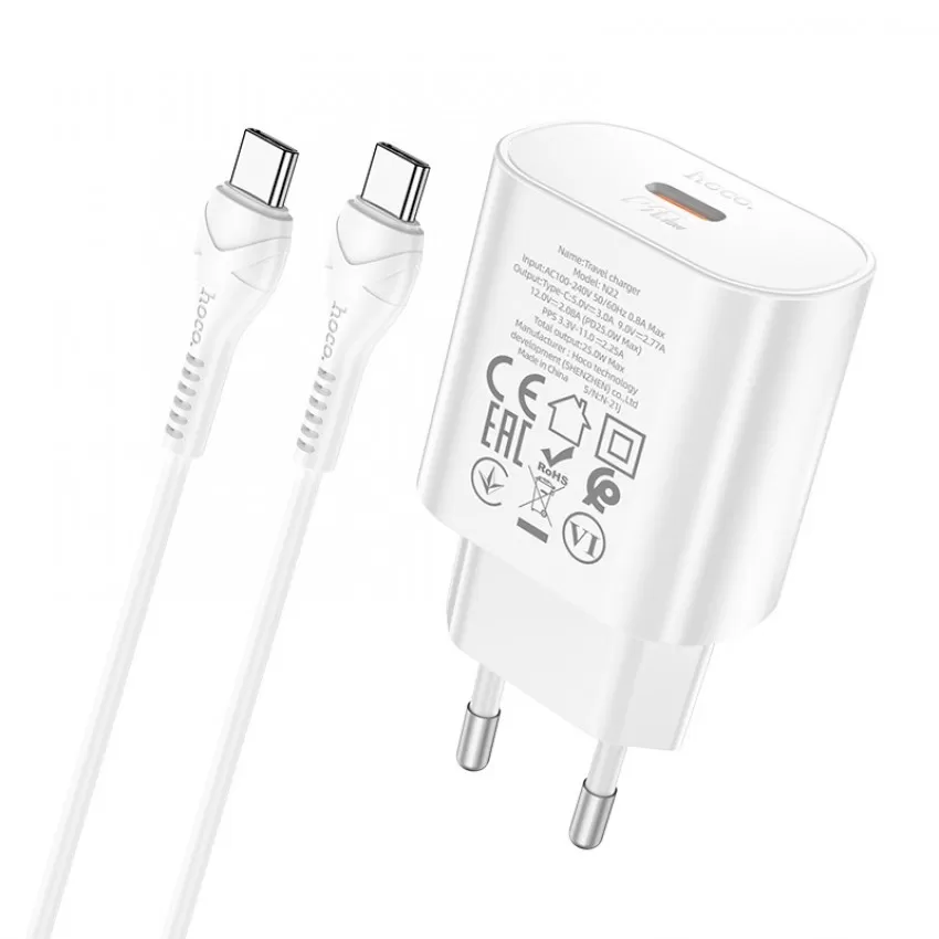 Lādētājs Hoco N22 25W USB-C + USB-C to USB-C cable 1.0m balts