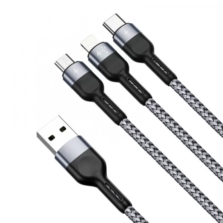 USB kabelis DUZZONA A3 3in1 microUSB-Lightning-Type-C 1.2m pelēks