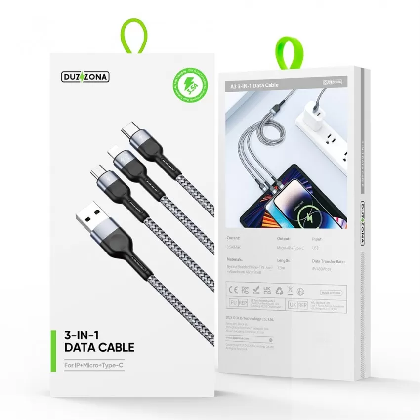 USB kabelis DUZZONA A3 3in1 microUSB-Lightning-Type-C 1.2m pelēks