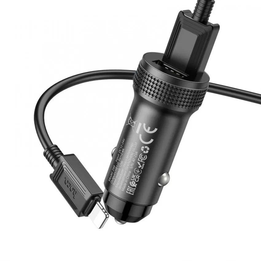 Autolaadija Hoco Z49 2xUSB-A + Lightning must
