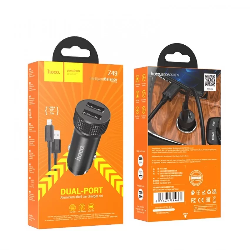 Autolaadija Hoco Z49 2xUSB-A + Lightning must