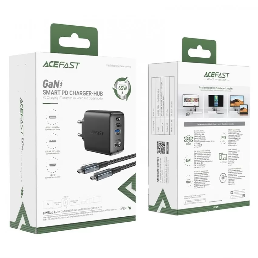 Lādētājs Acefast A17 65W GaN USB-C/USB-A/HDMI melns