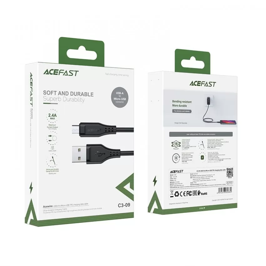 USB kabelis Acefast C3-09 USB-A to MicroUSB 1.2m melns