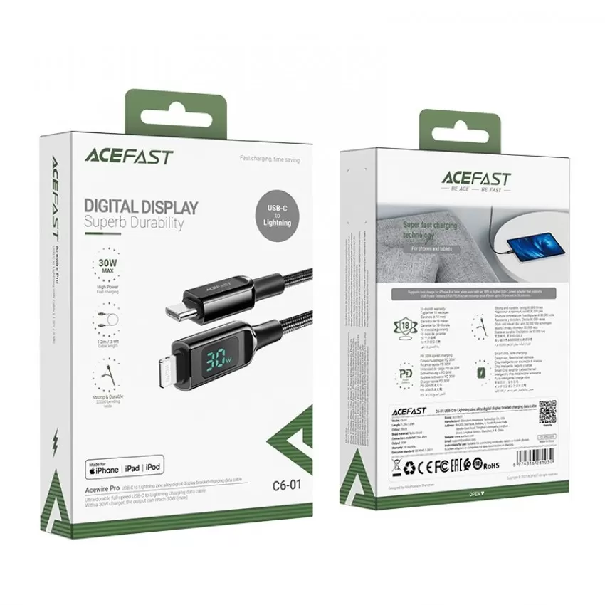 USB kabelis Acefast C6-01 MFi PD30W USB-C to Lightning 1.2m melns