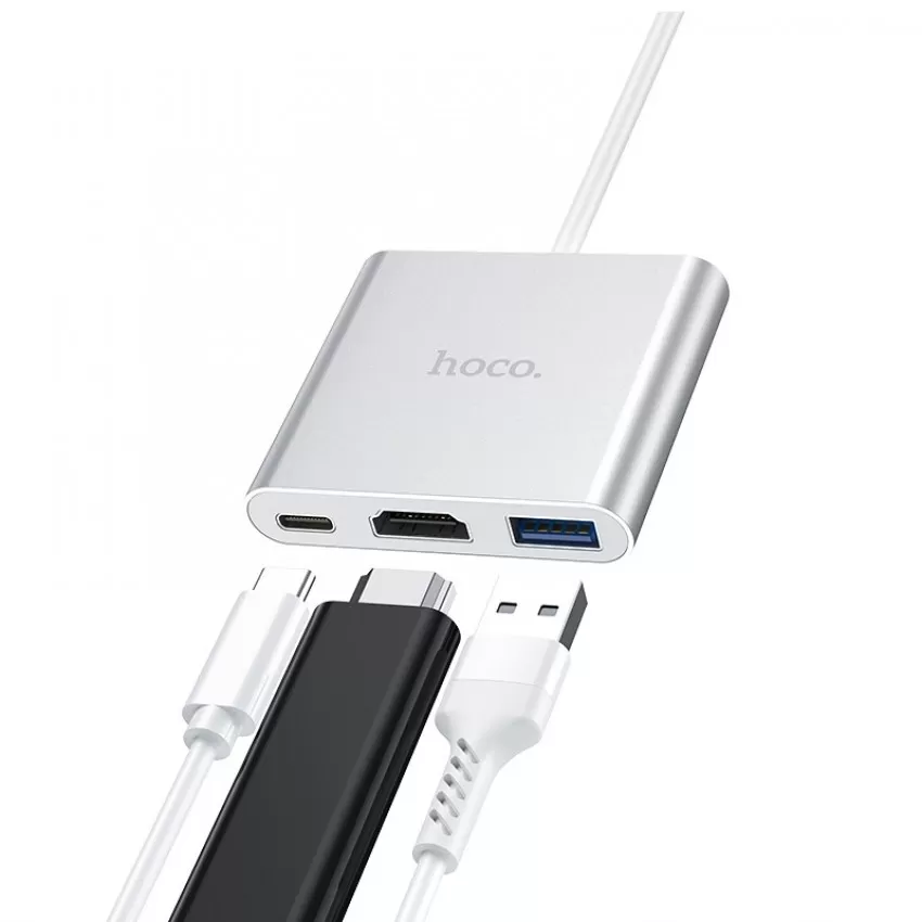 Parveidotājs Hoco HB14 Type-C to USB-A+HDMI+Type-C sudraba krāsa