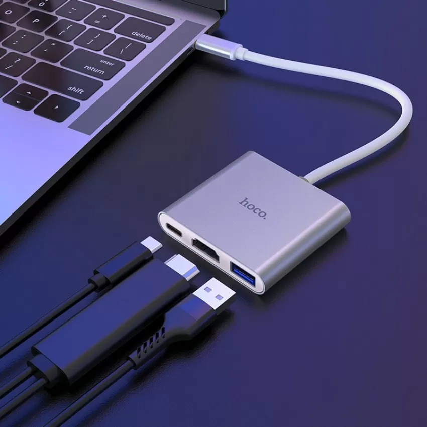 Parveidotājs Hoco HB14 Type-C to USB-A+HDMI+Type-C sudraba krāsa