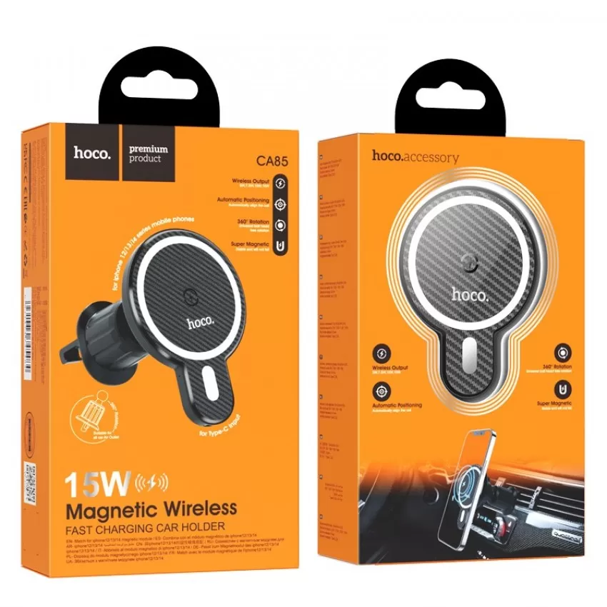 Lādētājs-turētājs auto Hoco CA85 Magsafe 15W melns