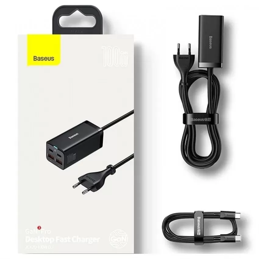 Lādētājs Baseus GaN3 Pro 100W 2xUSC-C/2xUSB-A melns CCGP000101