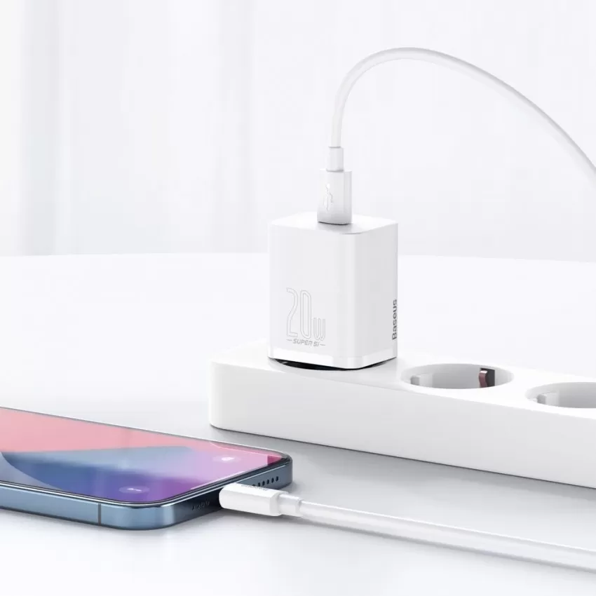 Lādētājs Baseus Super Si 20W USB-C + USB-C to Lightning cable 1.0m balts TZCCSUP-B02
