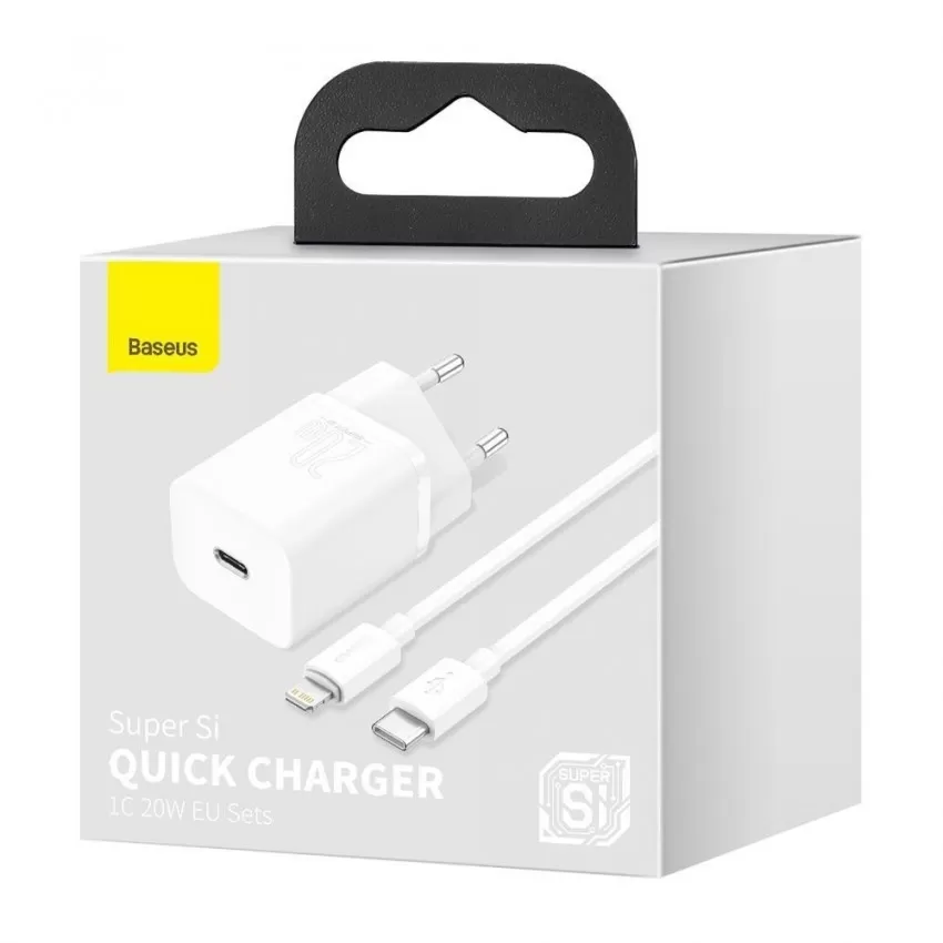 Lādētājs Baseus Super Si 20W USB-C + USB-C to Lightning cable 1.0m balts TZCCSUP-B02