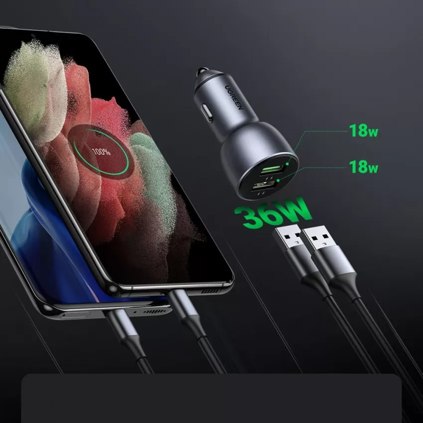 Auto lādētājs Ugreen CD213 2xUSB-A 36W zils