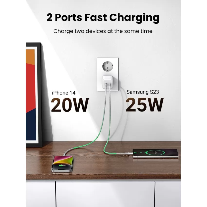 Lādētājs Ugreen CD294 45W GaN 2xUSB-C balts