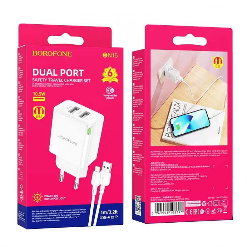 Laadija Borofone BN15 10.5W 2xUSB-A + USB-A to Lightning cable 1.0m valge