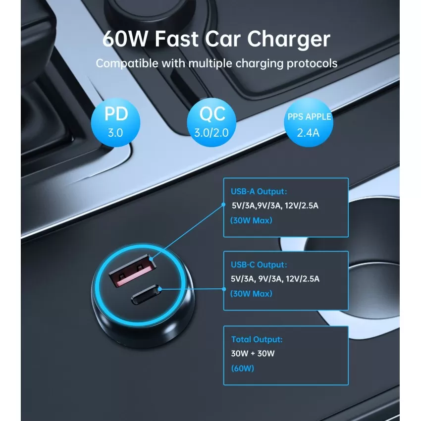 Autolaadija Choetech TC0014 USB-C/USB-A 60W must