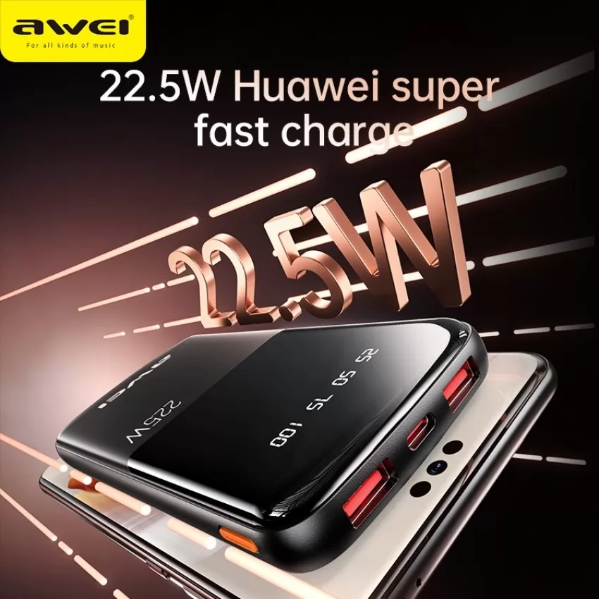 Arejais-akumulators Power Bank Awei P10K 22.5W 10000mAh melns