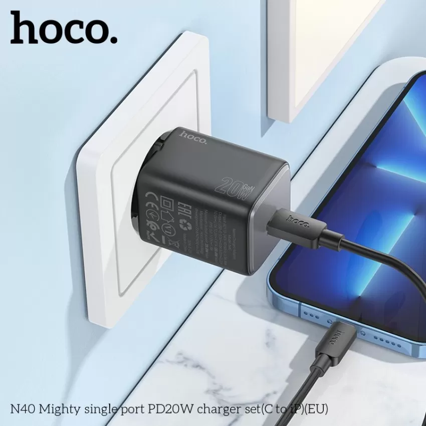 Lādētājs Hoco N40 20W USB-C + USB-C to Lightning cable 1.0m melns