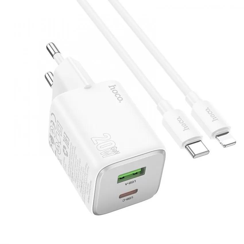 Laadija Hoco N41 20W GaN USB-A/USB-C + USB-C to Lightning cable 1.0m valge