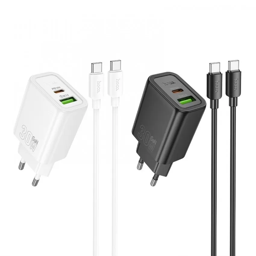 Laadija Hoco N63 30W GaN USB-C/USB-A + USB-C to USB-C cable 1.0m must