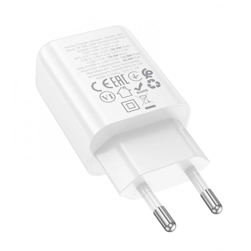 Laadija Hoco N63 30W GaN USB-C/USB-A valge