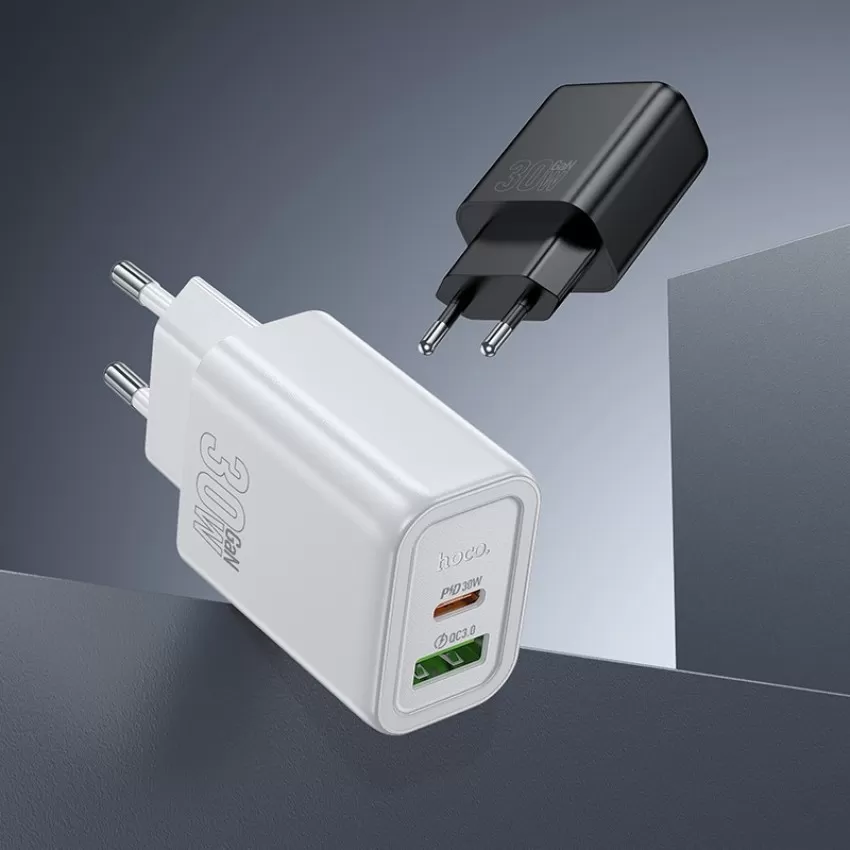 Laadija Hoco N63 30W GaN USB-C/USB-A valge