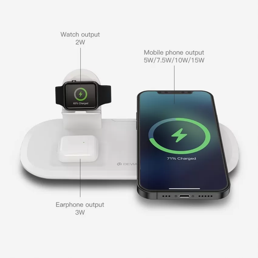 Juhtmeta laadija Devia 3in1 Smart Phone, Apple Watch, Airpods valge