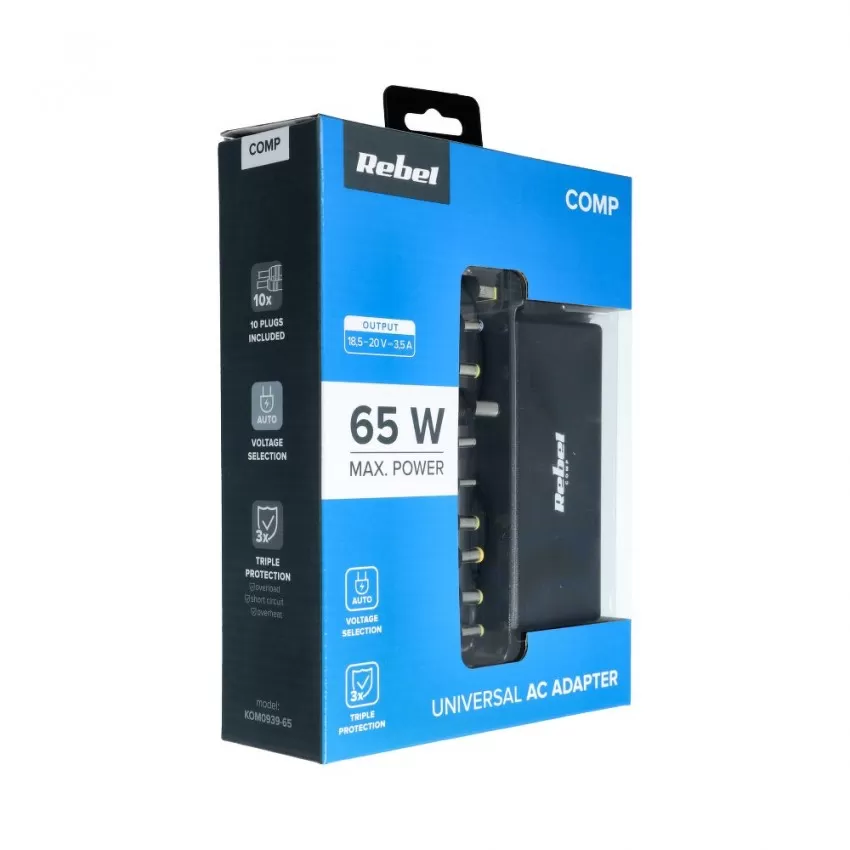 Laadija universaalne REBEL for Notebook/Laptop 65W/18-20V must