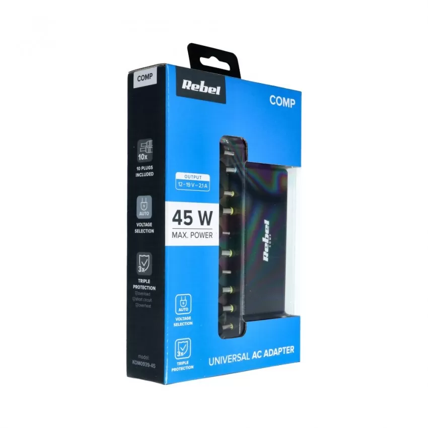 Lādētājs universāls REBEL for Notebook/Laptop 45W/18-20V melns