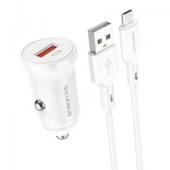 Auto lādētājs Borofone BZ18 Quick Charge 3.0 18W + MicroUSB balts
