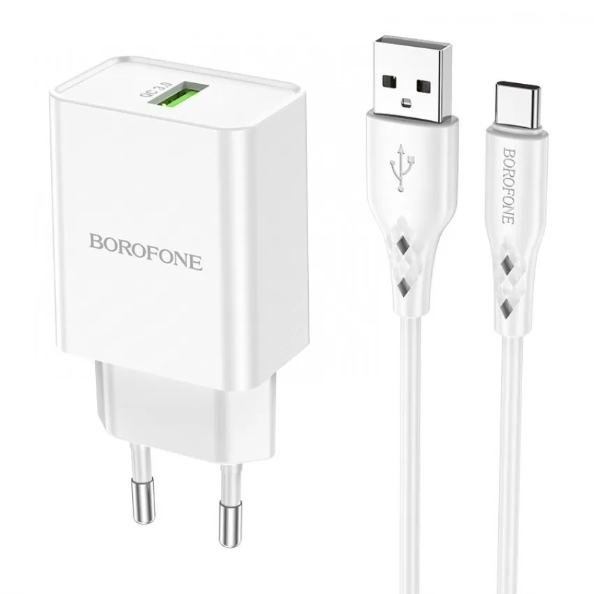 Lādētājs Borofone BN5 18W USB-A + USB-A to USB-C cable 1.0m balts