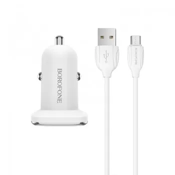 Auto lādētājs Borofone BZ12A QC3.0 USB + MicroUSB balts