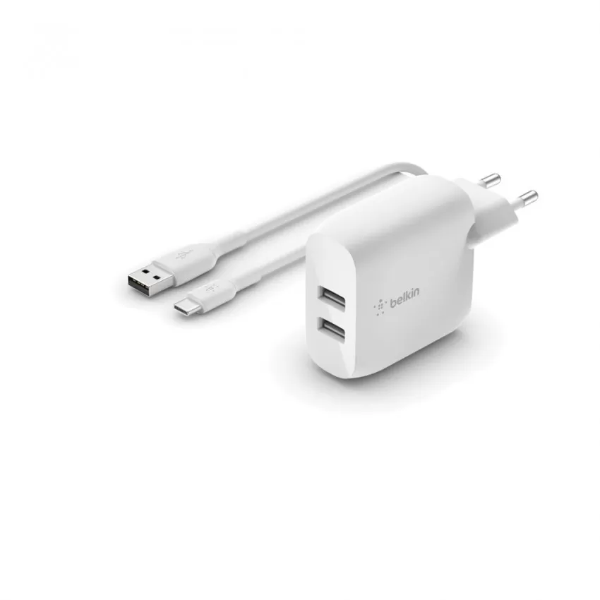 Laadija Belkin Boost Charge 24W 2xUSB-A + USB-A to USB-C cable 1.0m valge