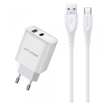 Lādētājs Awei PD81T-EU 22.5W USB-A/USB-C + USB-A to USB-C cable 1.0m balts