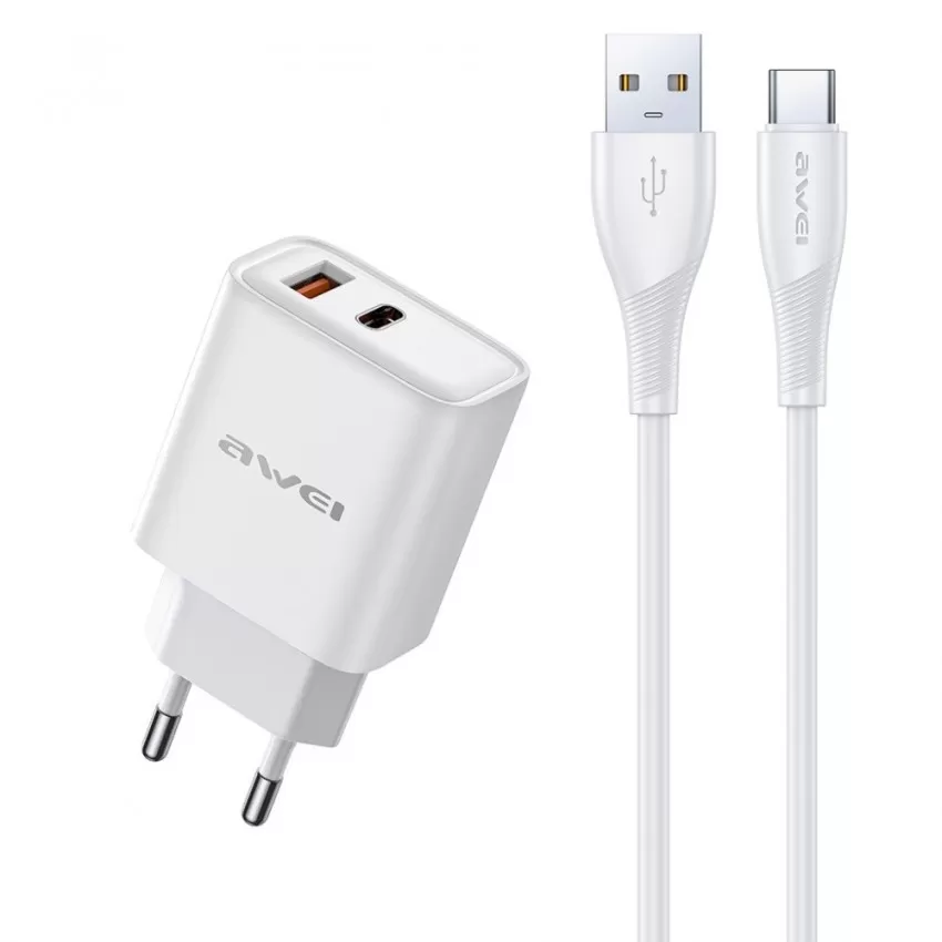 Lādētājs Awei PD81T-EU 22.5W USB-A/USB-C + USB-A to USB-C cable 1.0m balts