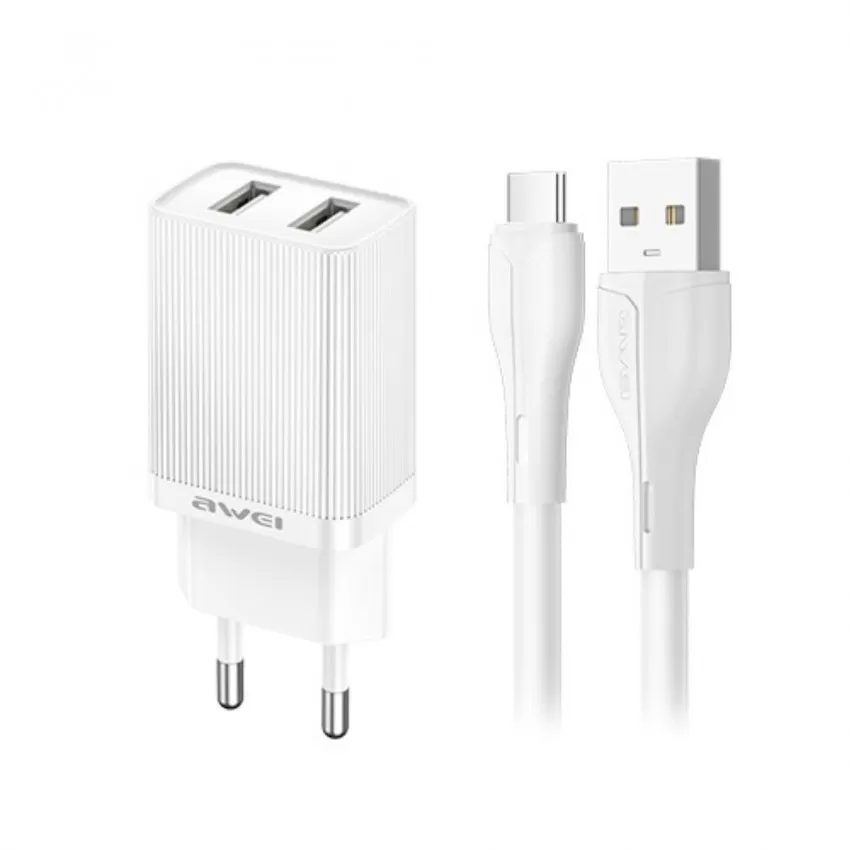 Lādētājs Awei C15T-EU 10W 2xUSB-A + USB-A to USB-C cable 1.0m balts