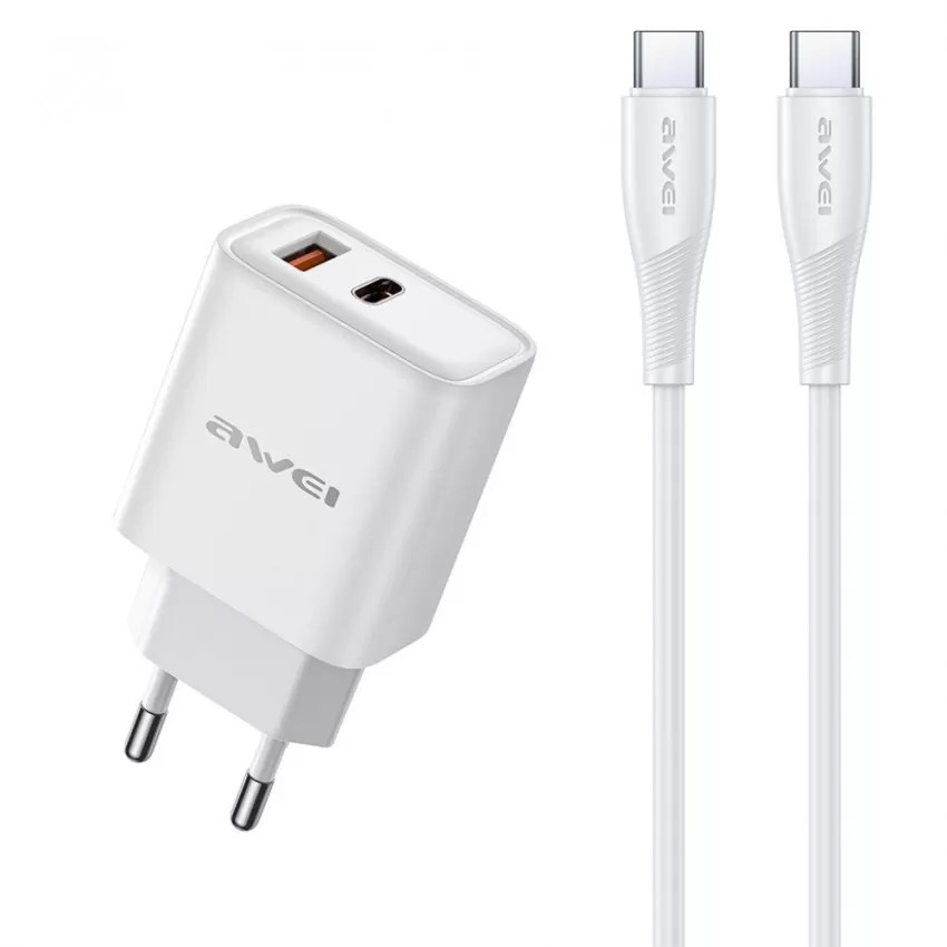Laadija Awei PD81C-EU 22.5W USB-A/USB-C + USB-C to USB-C cable 1.0m valge