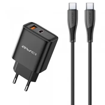 Lādētājs Awei PD81C-EU 22.5W USB-A/USB-C + USB-C to USB-C cable 1.0m melns