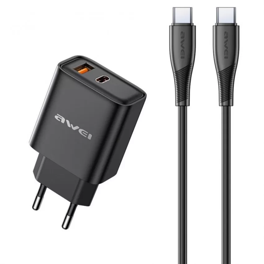 Laadija Awei PD81C-EU 22.5W USB-A/USB-C + USB-C to USB-C cable 1.0m must